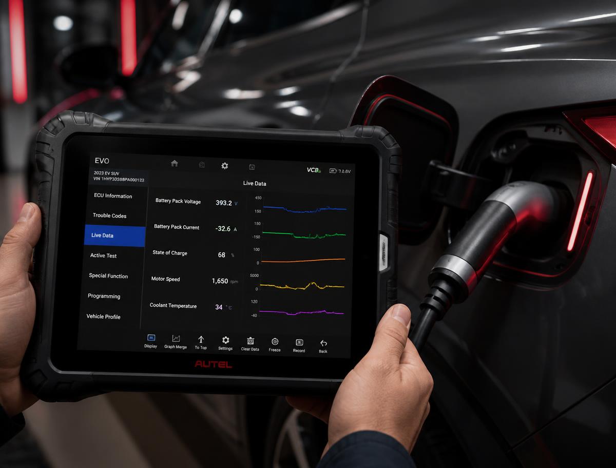 Professional automotive diagnostic tablet showing live vehicle data next to an electric car charging port