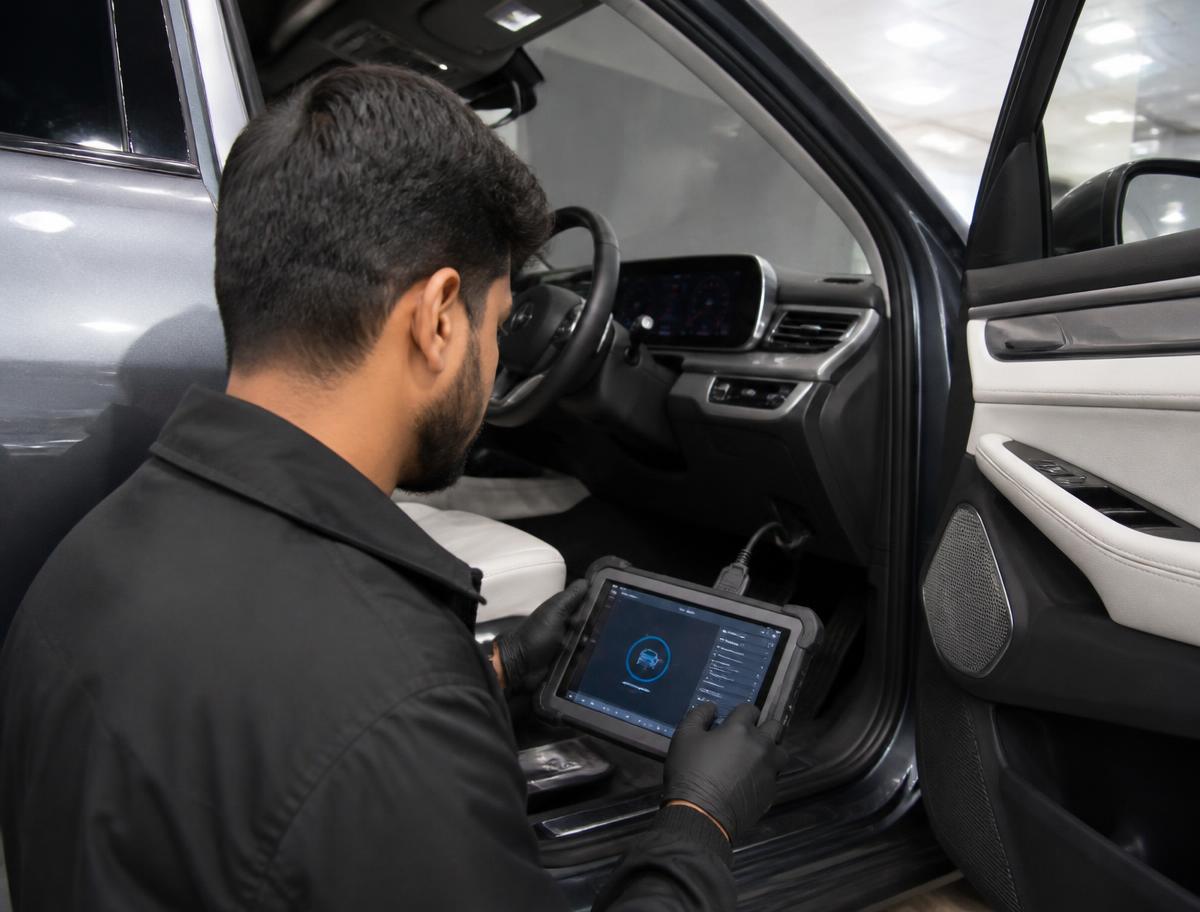 Inspector connecting a professional diagnostic tablet to an electric car at a dealership