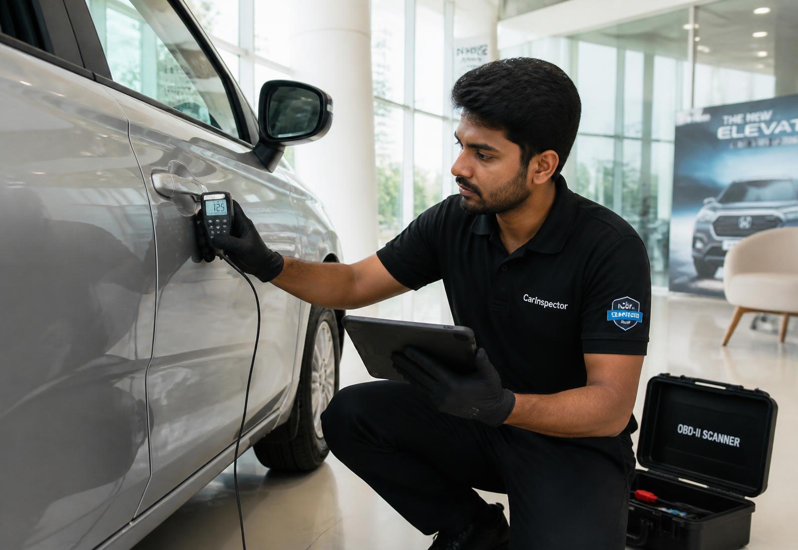 Sure Drives PDI inspector checking paint thickness on a new car at a dealership