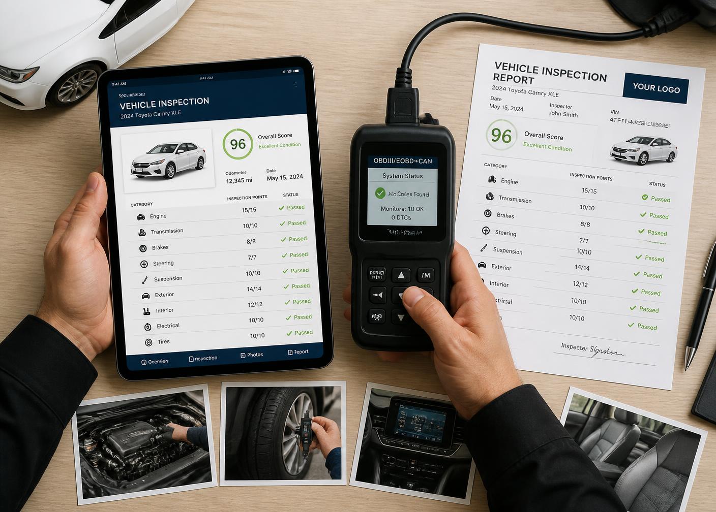 Inspection report, checklist tablet, OBD2 scanner and defect photographs from a Sure Drives PDI inspection