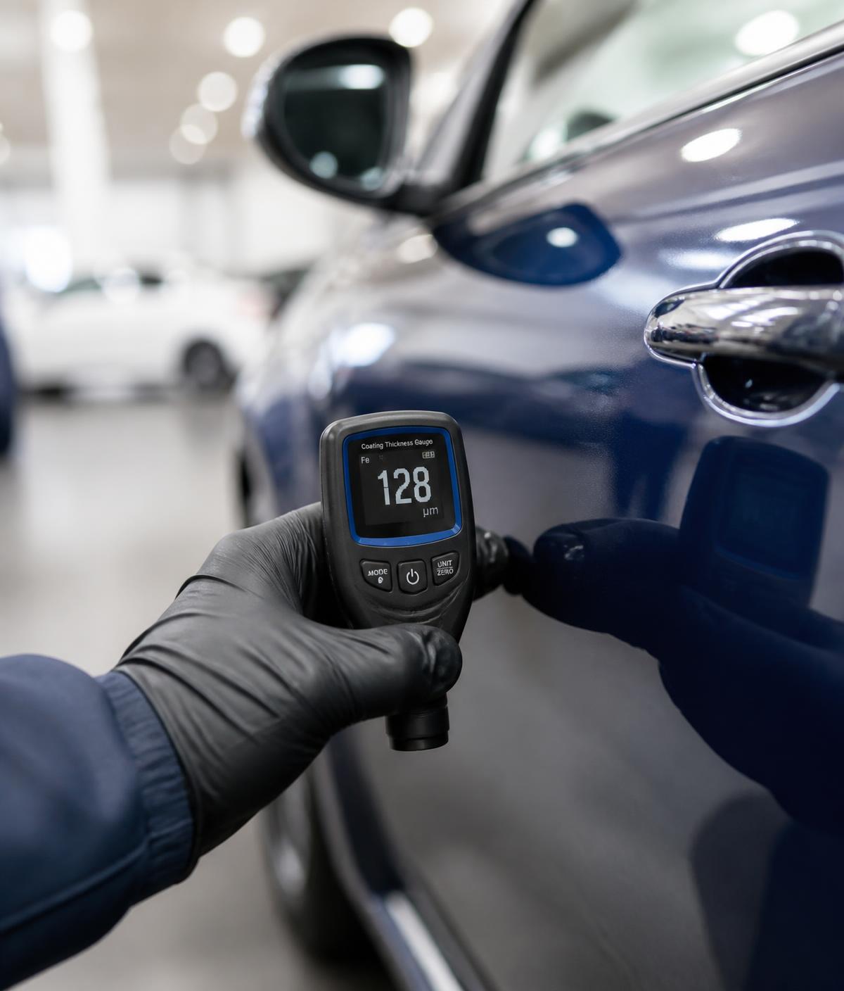 Paint coating thickness gauge reading taken on a new car door panel